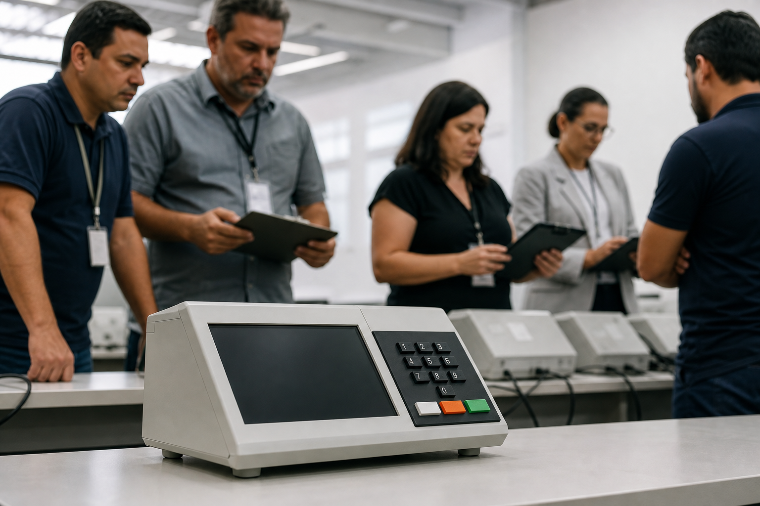 Urna eletrônica em ambiente de auditoria acompanhada por técnicos e fiscais eleitorais