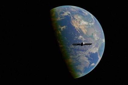 Representação digital de um satélite orbitando a Terra, vista do espaço.