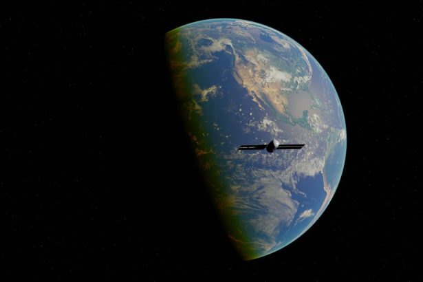 Representação digital de um satélite orbitando a Terra, vista do espaço.