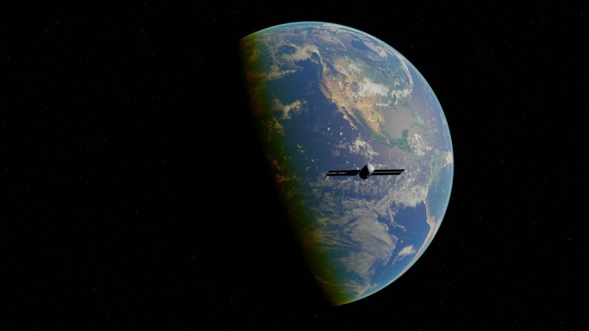 Representação digital de um satélite orbitando a Terra, vista do espaço.