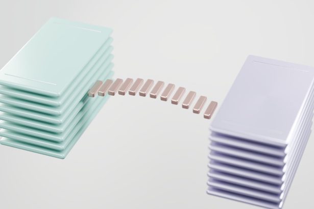 Ilustração 3D de estruturas metálicas empilhadas, com elementos luminosos representando a transferência de dados entre elas.