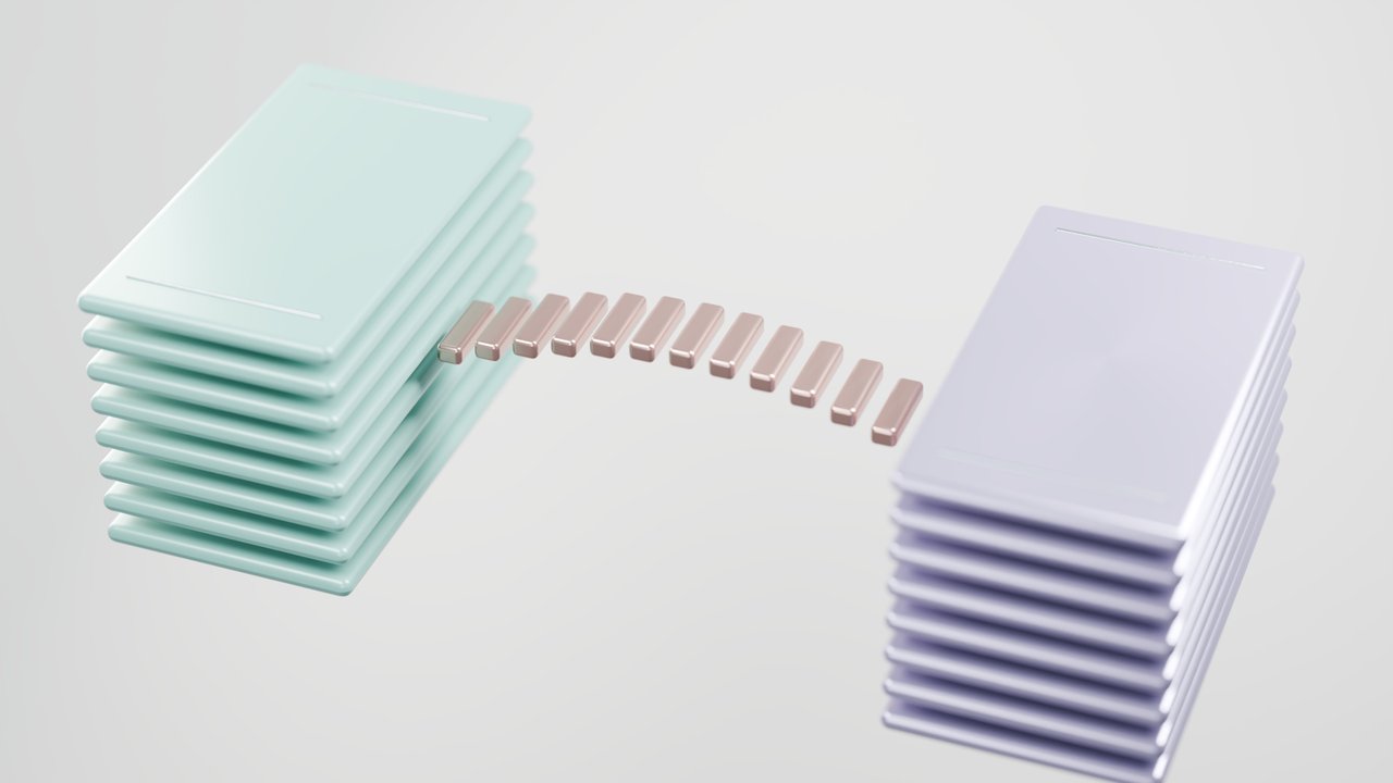 Ilustração 3D de estruturas metálicas empilhadas, com elementos luminosos representando a transferência de dados entre elas.