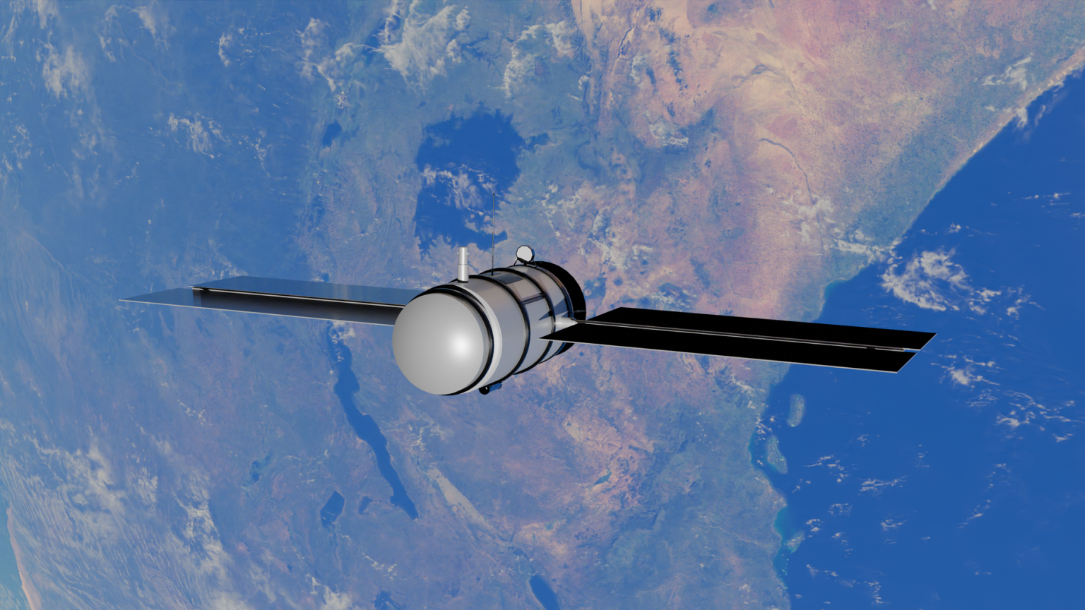 Satélite orbitando a Terra, com oceanos e continentes visíveis ao fundo